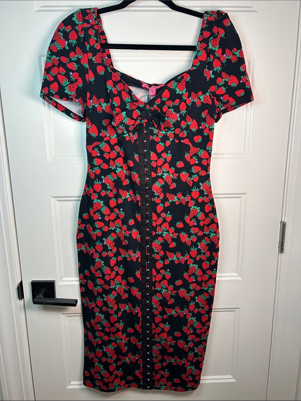 Betsey Johnson Black Strawberry-Print Midi Dress